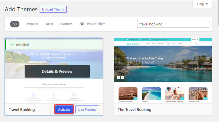 activate travel booking theme