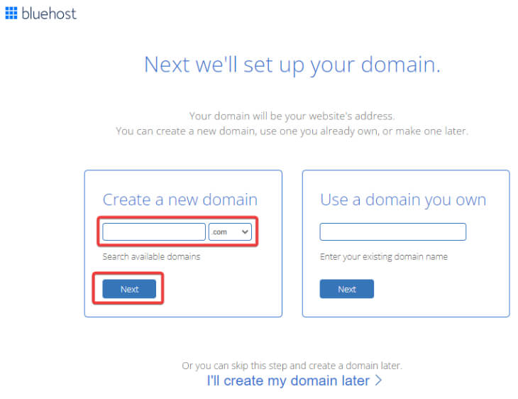 Create a domain name in Bluehost