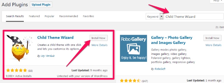 Searching child theme wizard plugin