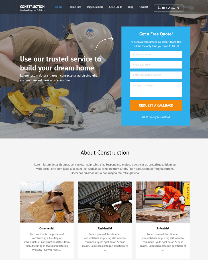 Construction Landing Page WordPress Theme