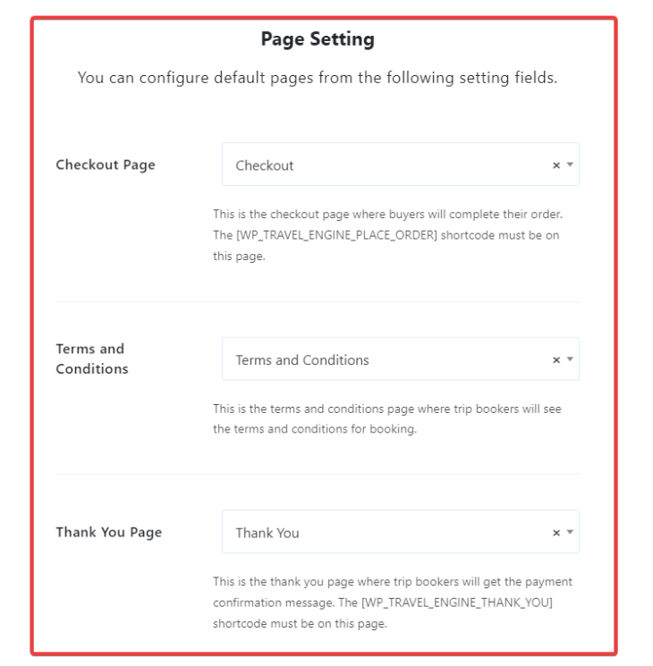 Page setting in WP Travel Engine
